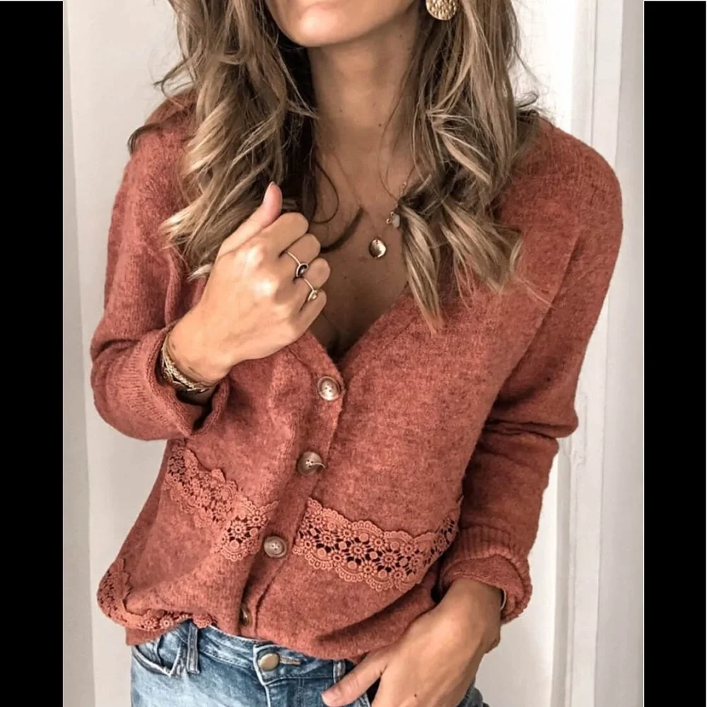 Deep V Neck Lace Patchwork Brick Rustic Red Button Up Cardigan Sweater